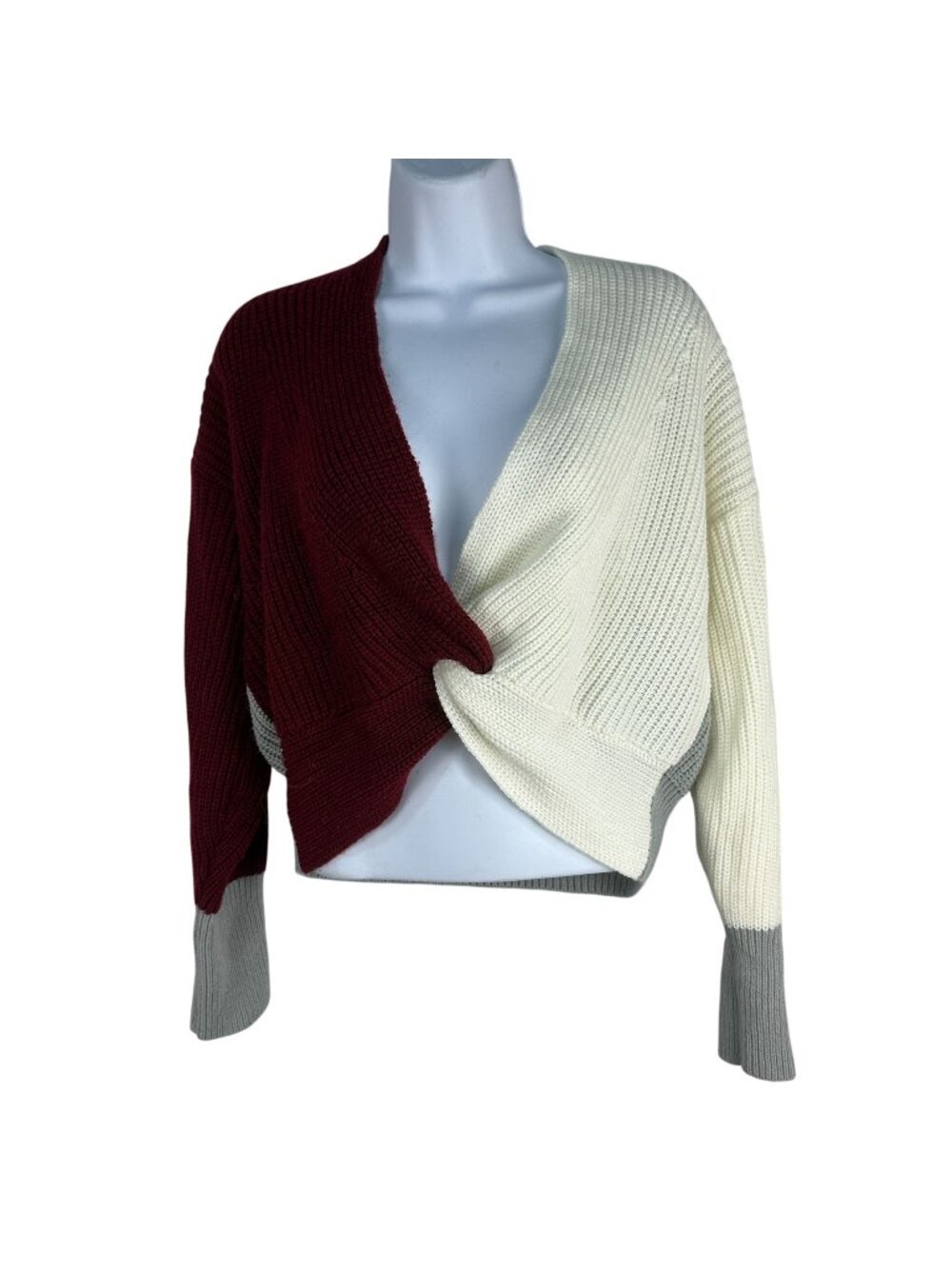 Mainstrip Womens Knit Colorblock Twist-Front Sweater Size L Red/Gray/Cream Cozy